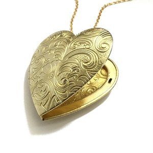 Large Floral Etched Heart Locket Necklace